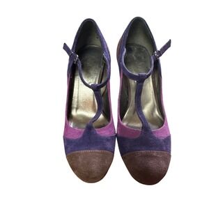 Boden Suede Leather T Strap High‎ Heel Pumps Brown Purple Retro Womens Shoes